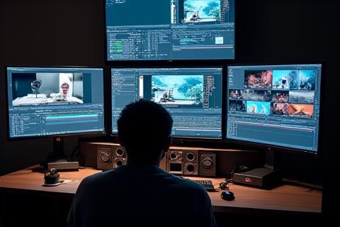 Video editing bay setup with multiple monitors and editing software.