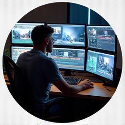 Person editing video on a multi-monitor computer setup.