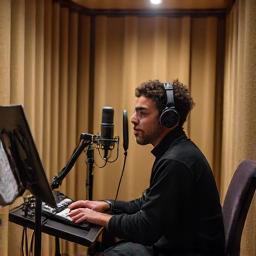 Person recording audio in a sound isolation booth with headphones.