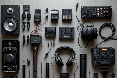 Assortment of professional studio equipment including microphones, headphones, and cables.