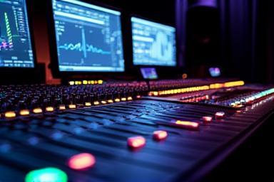 Professional sound mixing console with glowing faders and lights.