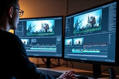 Person editing video footage on a computer screen with software interface visible.