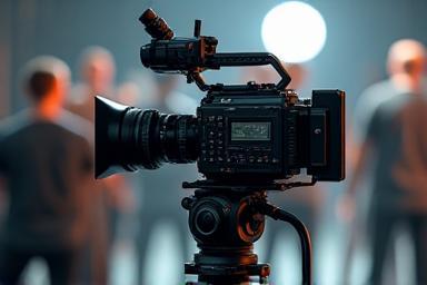 Professional video camera on a tripod on a film set.